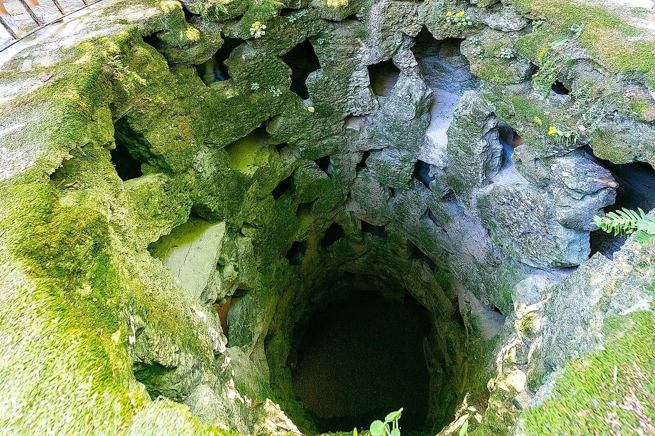 Looking down into the Initiation Well at Quinta da Regaleira, with its mossy spiral walls